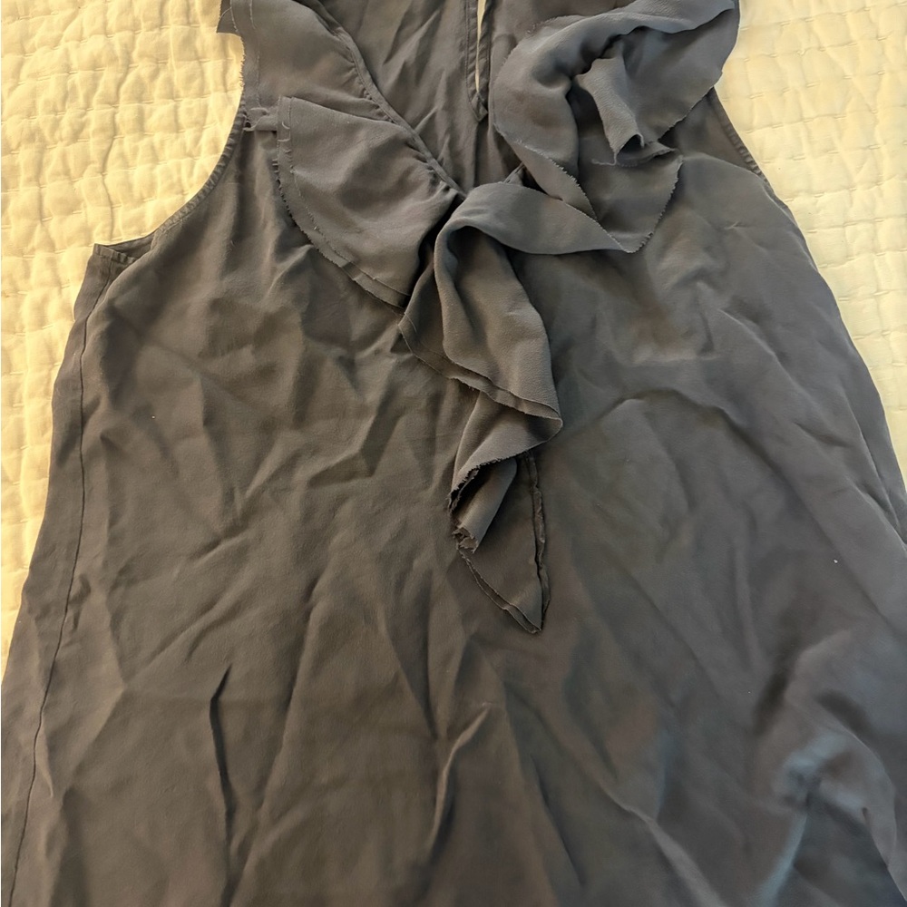 Sleeveless Navy Silk Ruffle V-Neck Tank